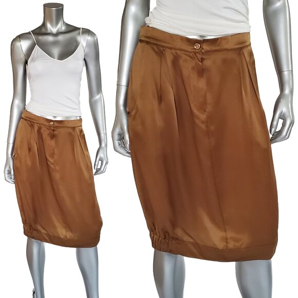 YVES SAINT LAURENT RIVE GAUCHE SKIRT COPPER SILK BUBBLE SILHOUETTE sz F42 US 10 - Picture 1 of 12